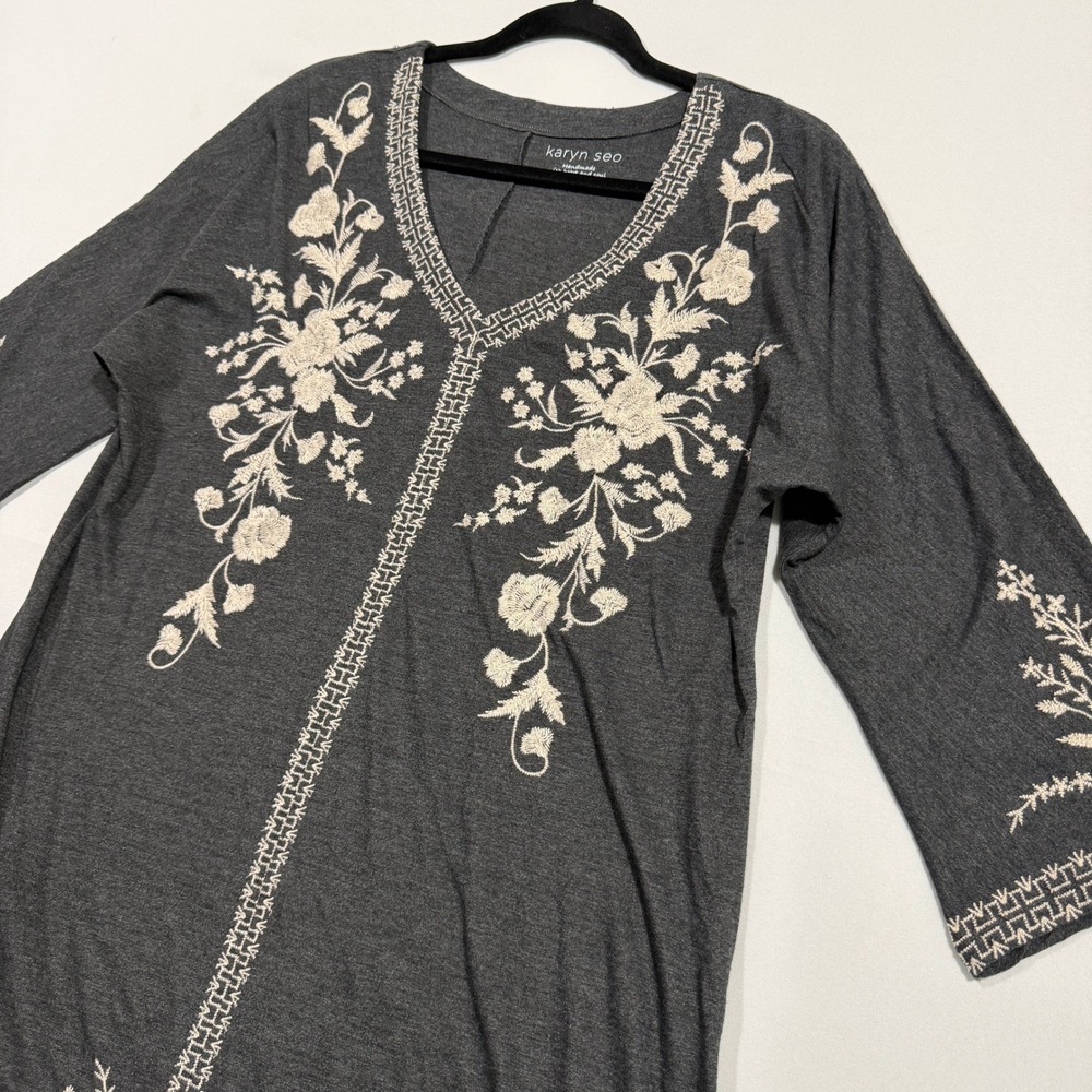 Karyn Seo Embroidered Tunic Women Large Charcoal Grey Boho Floral Cotton Top